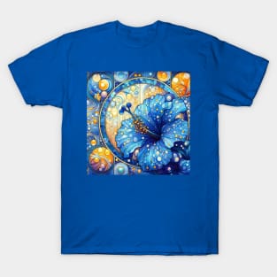 Blue Hibiscus Tropical Floral Art Nouveau Style T-Shirt